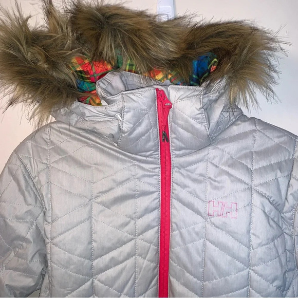Helly Hansen Women's Prime Ski Jacket Nordic Pink Grey Quilted Faux Fur Trim L - Picture 9 of 10